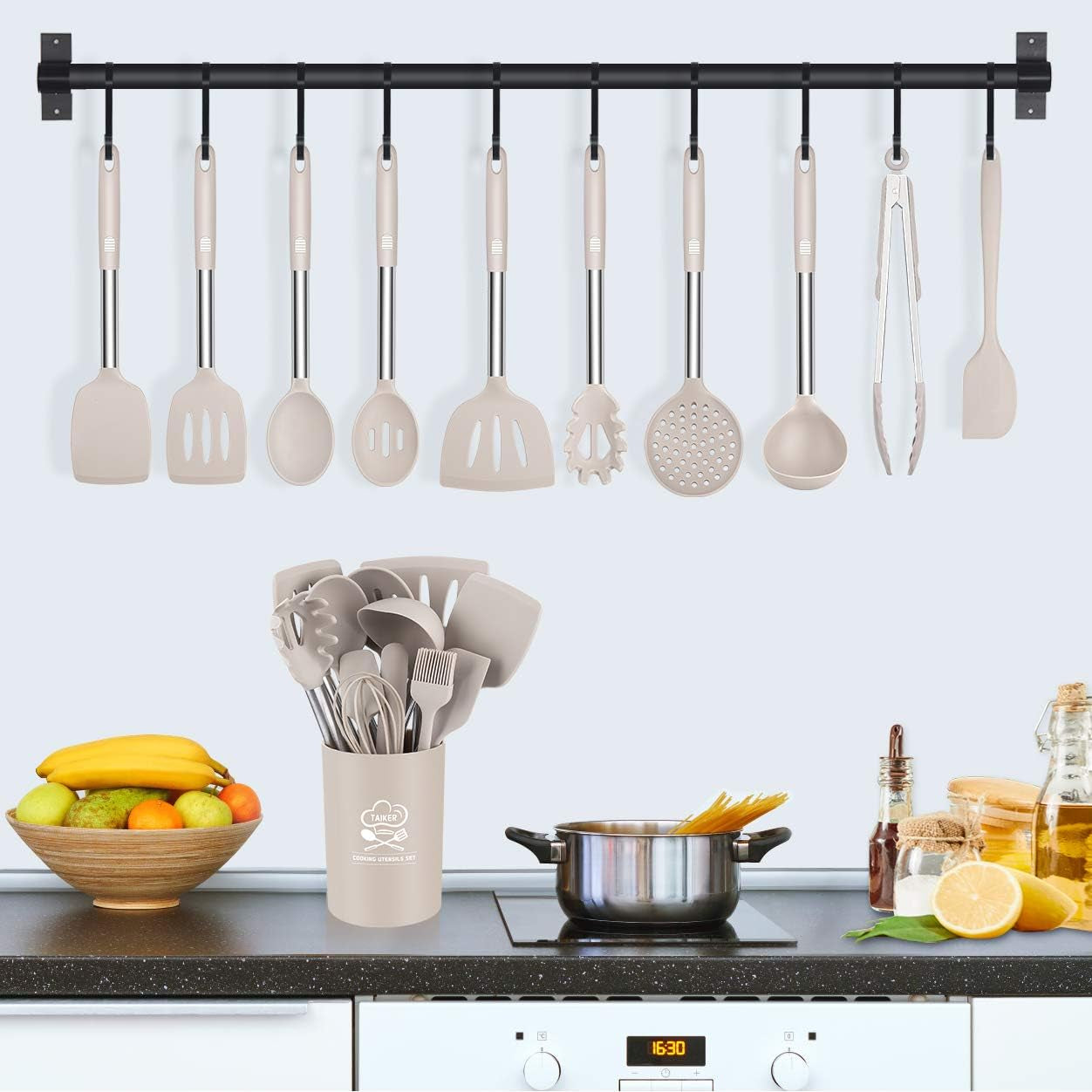 Silicone Cooking Utensil Set, Kitchen Cooking Utensils Set, Non-Stick & Heat Resistant Silicone Cookware, BPA Free Non-Toxic Cooking Utensils, Kitchen Tools (Khaki)