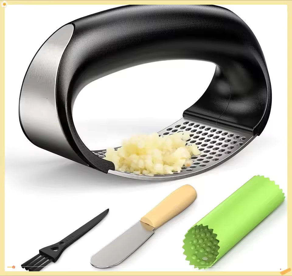 Garlic Press & Peeler Set - Stainless Steel Rocker Garlic Crusher, Easy Kitchen Gadget for Effortless Smashing