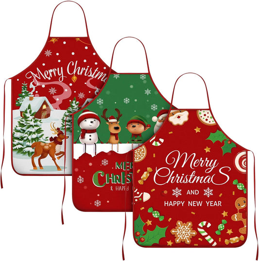 3 Pcs Christmas Apron Xmas Snowman, Elk, Santa Claus, Cane Red and Green Aprons for Women Adjustable Christmas Xmas Kitchen Cooking Baking