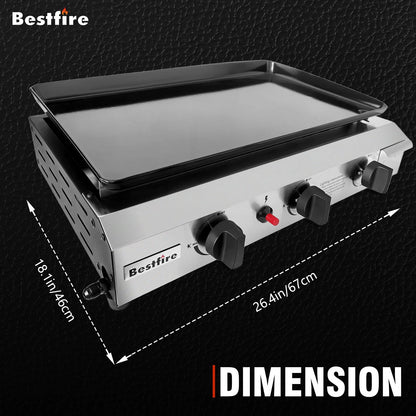 3 Burners Gas Propane Griddle,30000 BTU Outdoor Portable Propane Gas Grill Griddle, Stainless Steel Flat Top Griddle Station for Kitchen, BBQ, Camping Tailgating 23 Inch Flat Top Grill