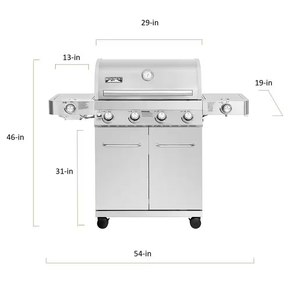 4-Burner Propane Gas Grill in Stainless with LED Controls, Side and Side Sear Burners