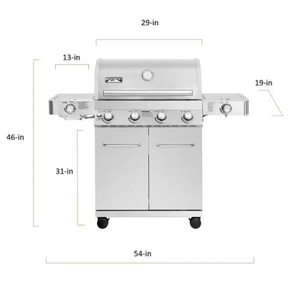 4-Burner Propane Gas Grill in Stainless with LED Controls, Side and Side Sear Burners