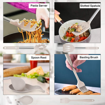 Silicone Cooking Utensil Set,  Kitchen Cooking Utensils Set, Non-Stick & Heat Resistant Silicone Cookware, BPA Free Non-Toxic Cooking Utensils, Kitchen Tools (Khaki)