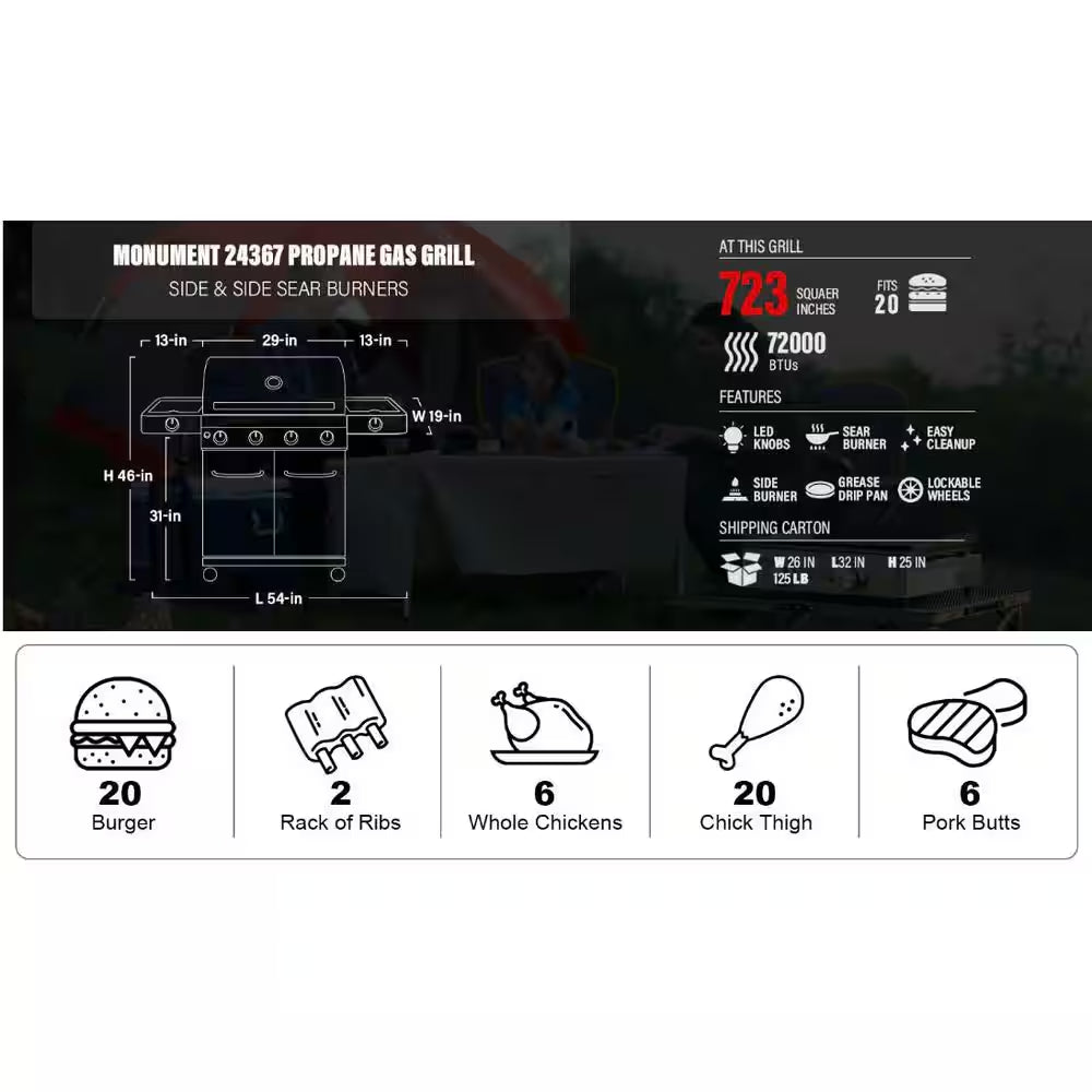 4-Burner Propane Gas Grill in Stainless with LED Controls, Side and Side Sear Burners