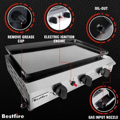 3 Burners Gas Propane Griddle,30000 BTU Outdoor Portable Propane Gas Grill Griddle, Stainless Steel Flat Top Griddle Station for Kitchen, BBQ, Camping Tailgating 23 Inch Flat Top Grill