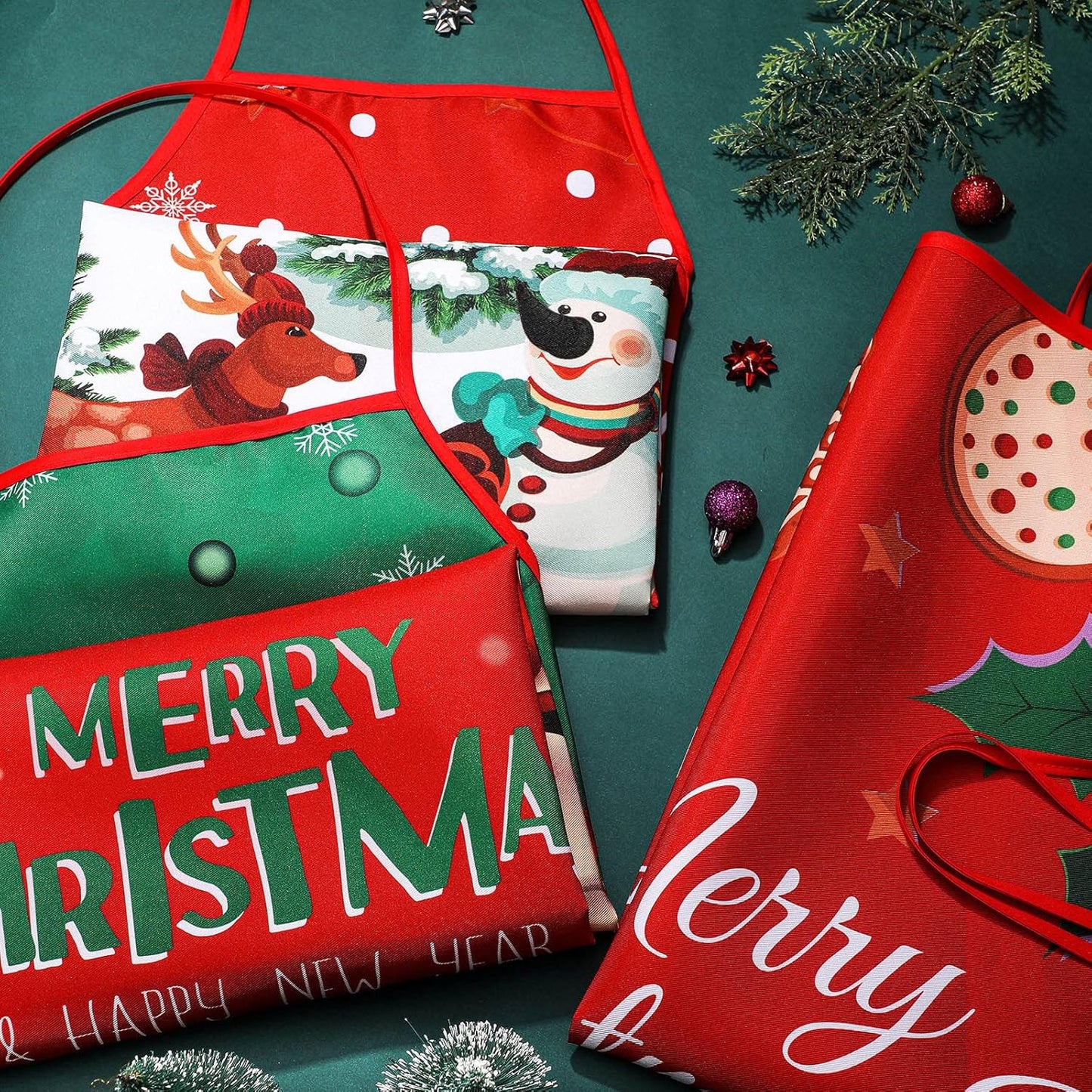 3 Pcs Christmas Apron Xmas Snowman, Elk, Santa Claus, Cane Red and Green Aprons for Women Adjustable Christmas Xmas Kitchen Cooking Baking