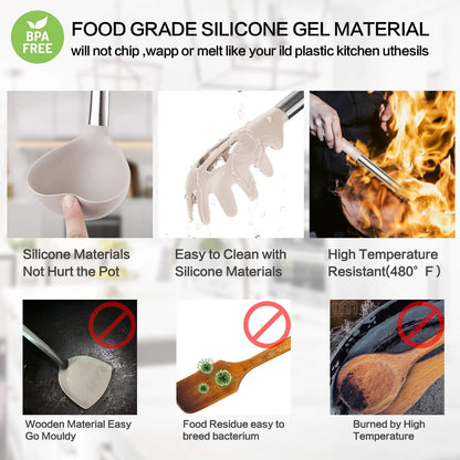 Silicone Cooking Utensil Set,  Kitchen Cooking Utensils Set, Non-Stick & Heat Resistant Silicone Cookware, BPA Free Non-Toxic Cooking Utensils, Kitchen Tools (Khaki)