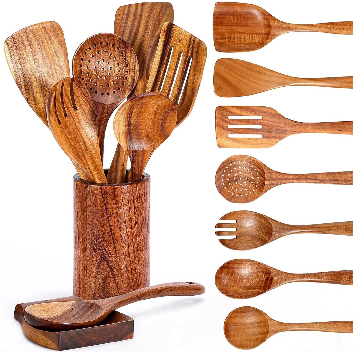 Wooden Spoons for Cooking with Wide Utensil Heads, 9 PCS Teak Wooden Utensils Set