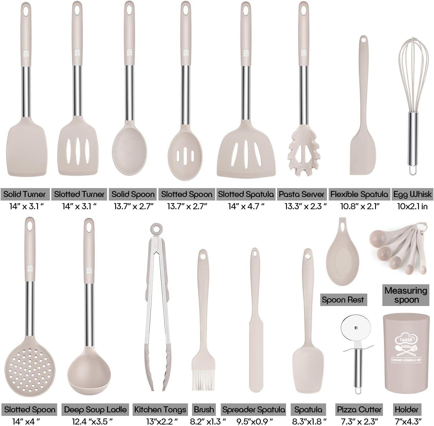 Silicone Cooking Utensil Set,  Kitchen Cooking Utensils Set, Non-Stick & Heat Resistant Silicone Cookware, BPA Free Non-Toxic Cooking Utensils, Kitchen Tools (Khaki)