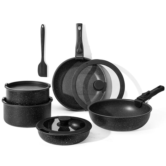 12Pcs Non-Stick Cookware Set, Pots and Pans Set with Detachable Handle for Kitchen, Black