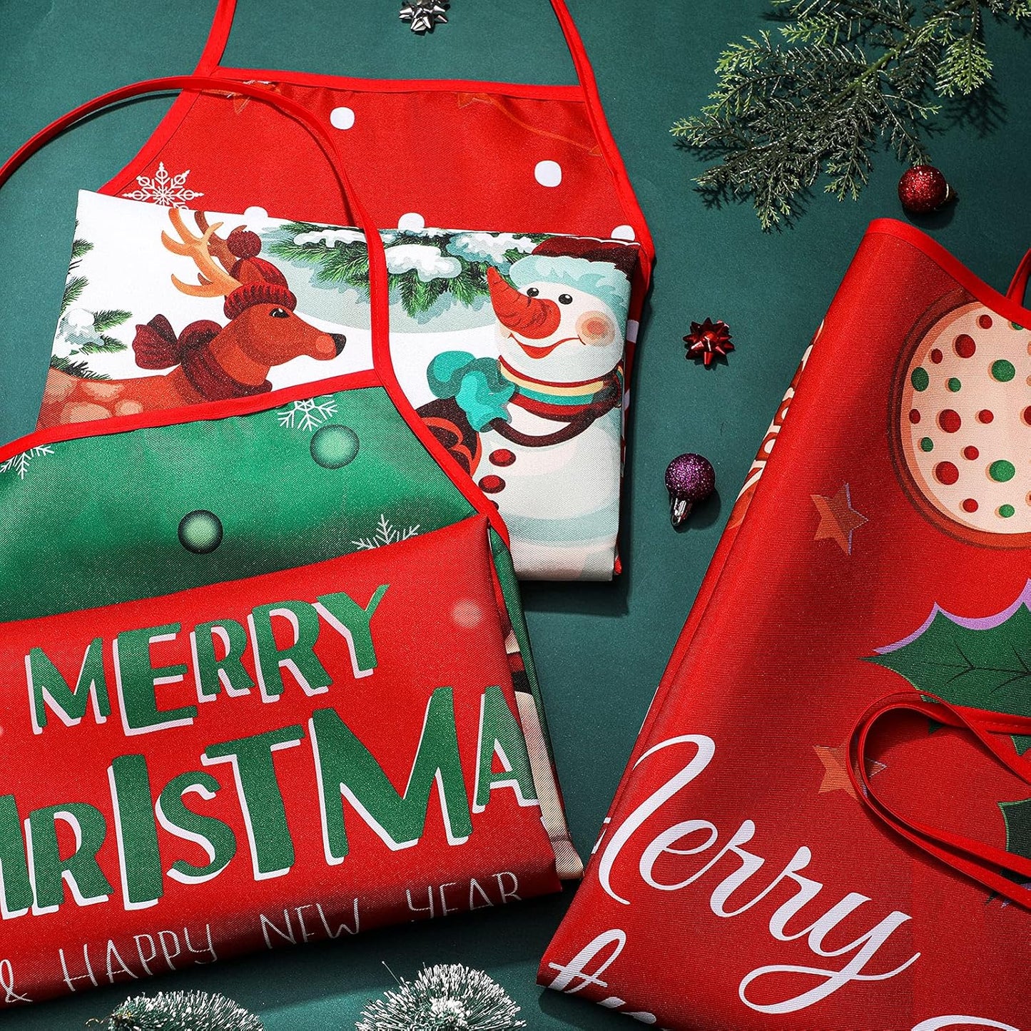3 Pcs Christmas Apron Xmas Snowman, Elk, Santa Claus, Cane Red and Green Aprons for Women Adjustable Christmas Xmas Kitchen Cooking Baking