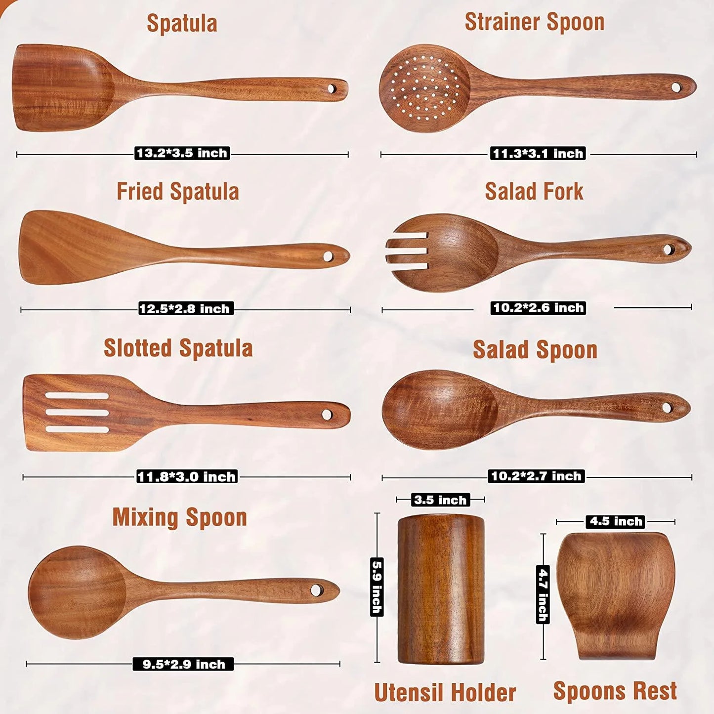 Wooden Spoons for Cooking with Wide Utensil Heads, 9 PCS Teak Wooden Utensils Set