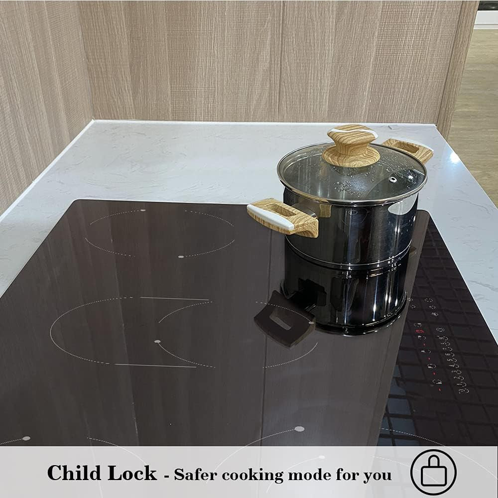 36 Inch Electric Ceramic Cooktop, 5 Burners Radiant Stove Countertop Hardwire Cooker Range Top Black Glass Hot Plate for All Cookwares, No Plug 230V, 8400W