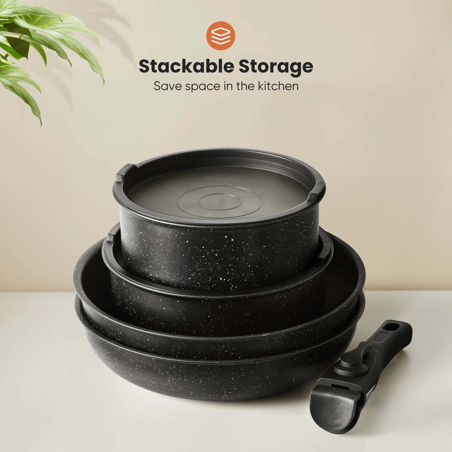 12Pcs Non-Stick Cookware Set, Pots and Pans Set with Detachable Handle for Kitchen, Black