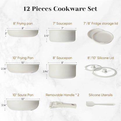 12Pcs Non-Stick Cookware Set, Pots and Pans Set with Detachable Handle for Kitchen, Beige