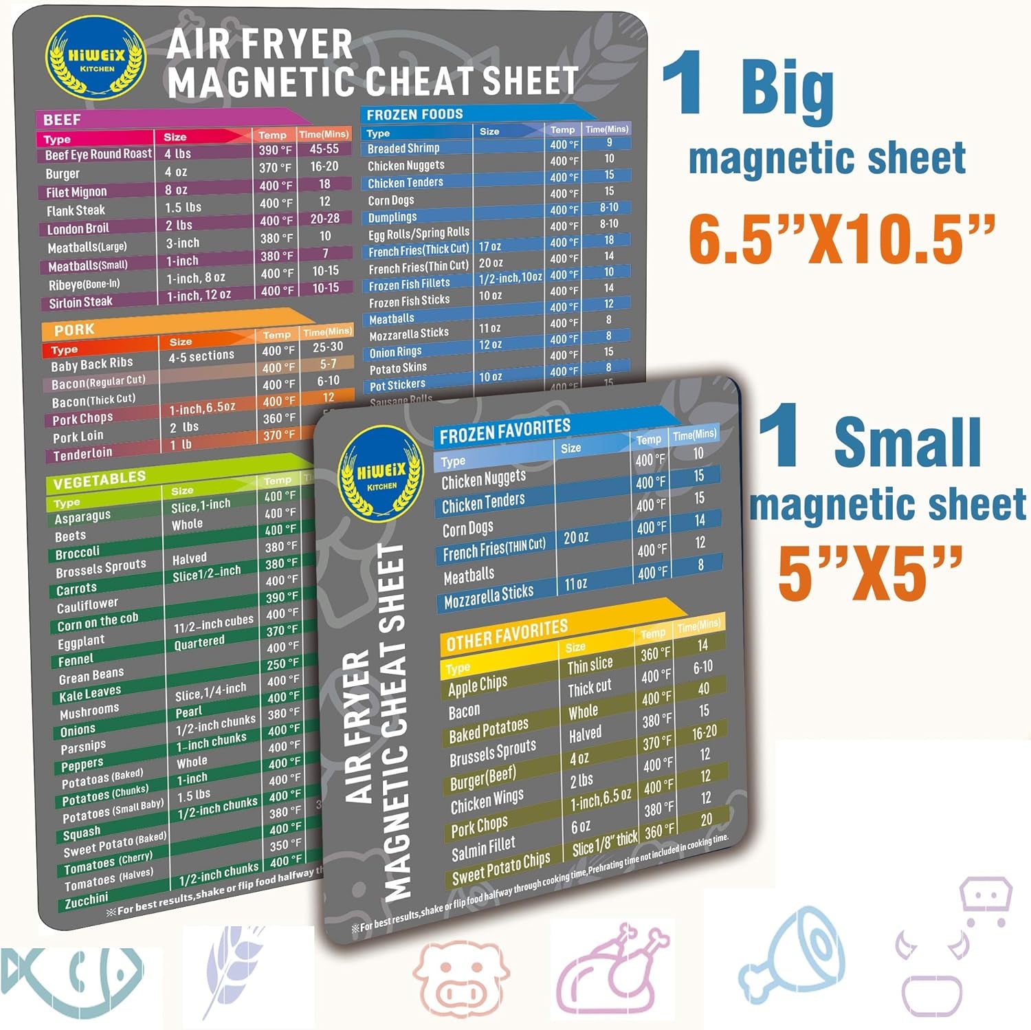Air Fryer Magnetic Cheat Sheet Set Air Fryer Accessories Cooking Times Chart Air Fryer Time Sheet Quick Reference Guide for Cooking and Frying (Elegant Grey)
