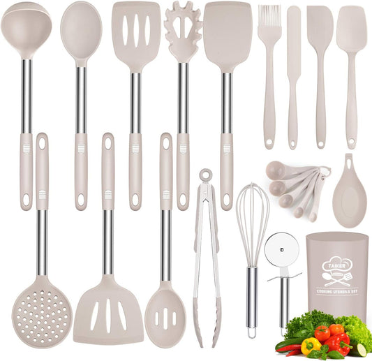 Silicone Cooking Utensil Set,  Kitchen Cooking Utensils Set, Non-Stick & Heat Resistant Silicone Cookware, BPA Free Non-Toxic Cooking Utensils, Kitchen Tools (Khaki)