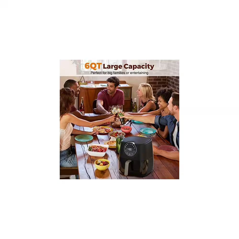 6 Qt. Black Air Fryer with Window, 8-Cooking Functions, Nonstick Basket, Dishwasher Safe, Online Recipes