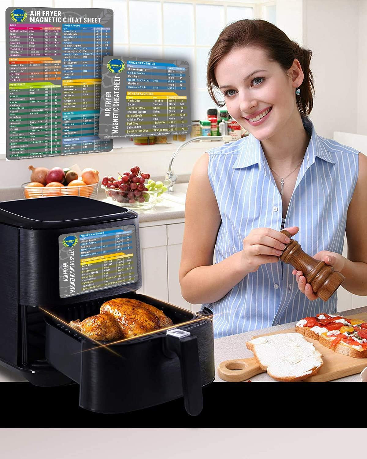 Air Fryer Magnetic Cheat Sheet Set Air Fryer Accessories Cooking Times Chart Air Fryer Time Sheet Quick Reference Guide for Cooking and Frying (Elegant Grey)