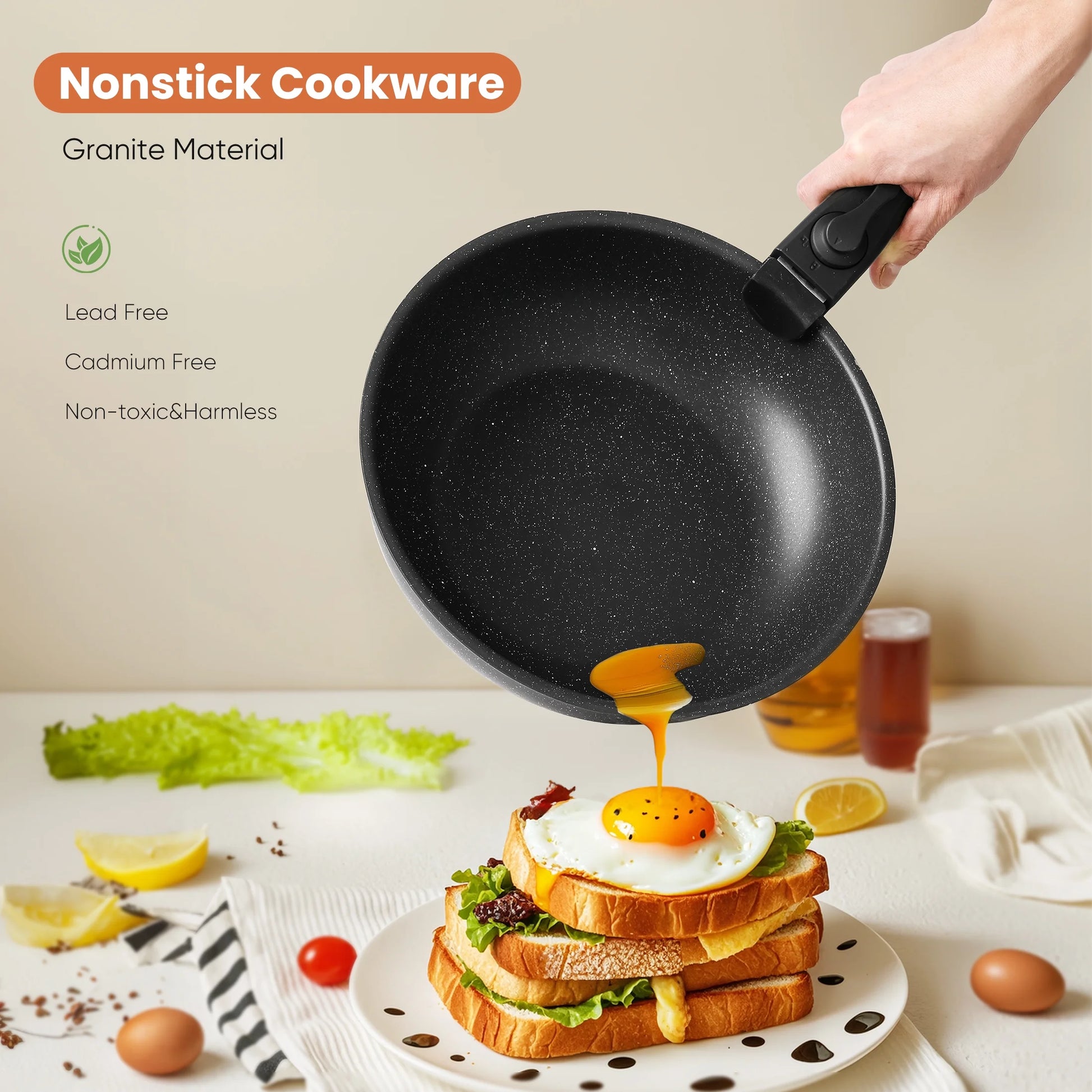 12Pcs Non-Stick Cookware Set, Pots and Pans Set with Detachable Handle for Kitchen, Black