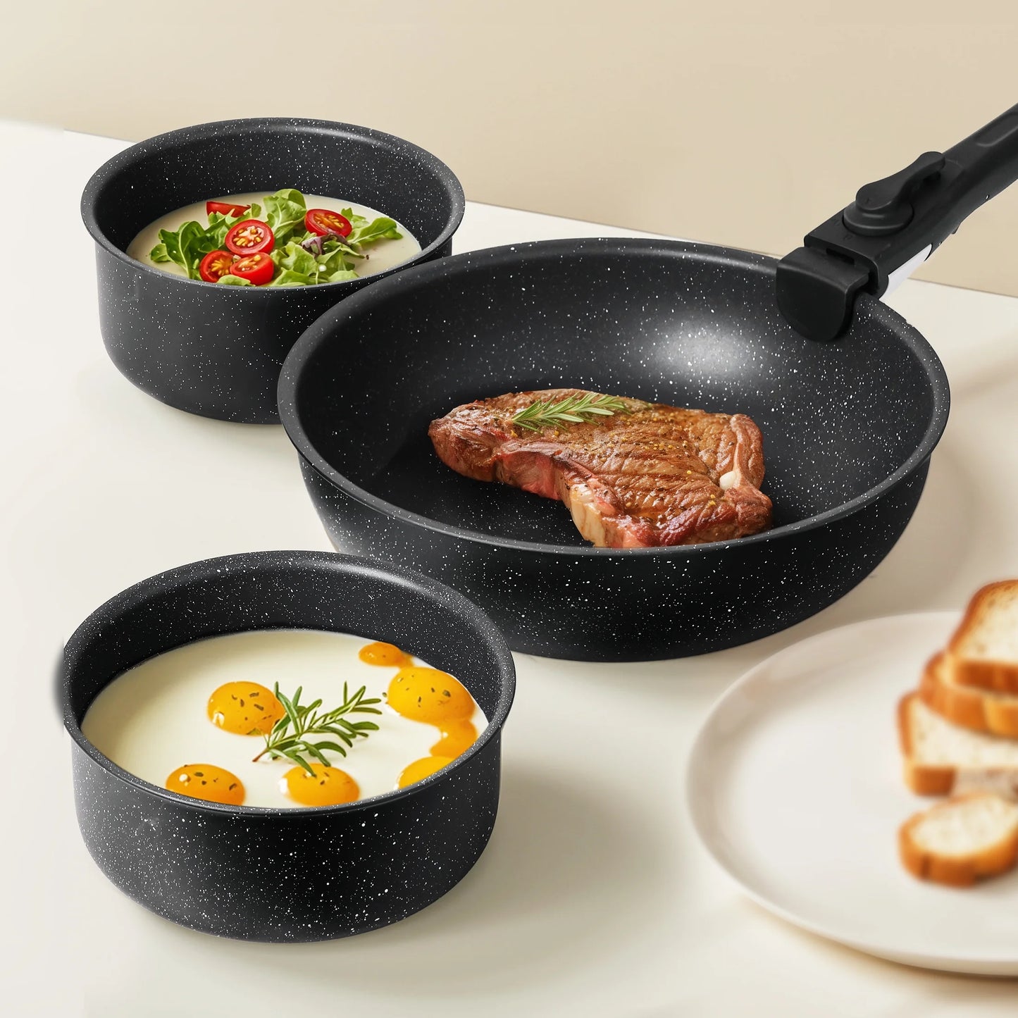 12Pcs Non-Stick Cookware Set, Pots and Pans Set with Detachable Handle for Kitchen, Black