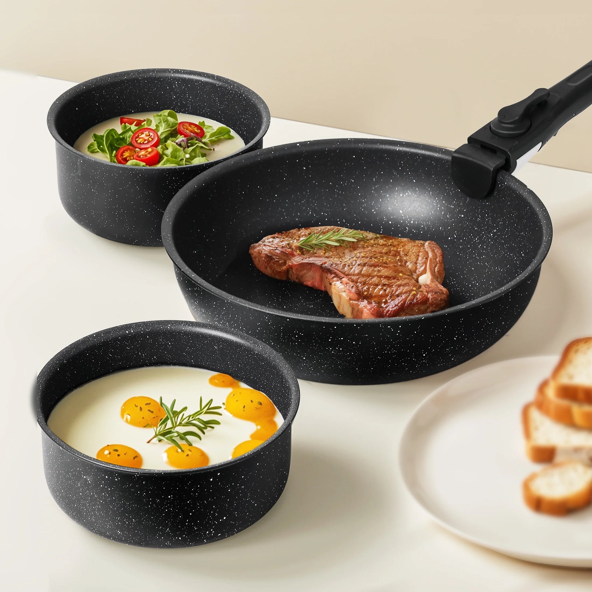 12Pcs Non-Stick Cookware Set, Pots and Pans Set with Detachable Handle for Kitchen, Black