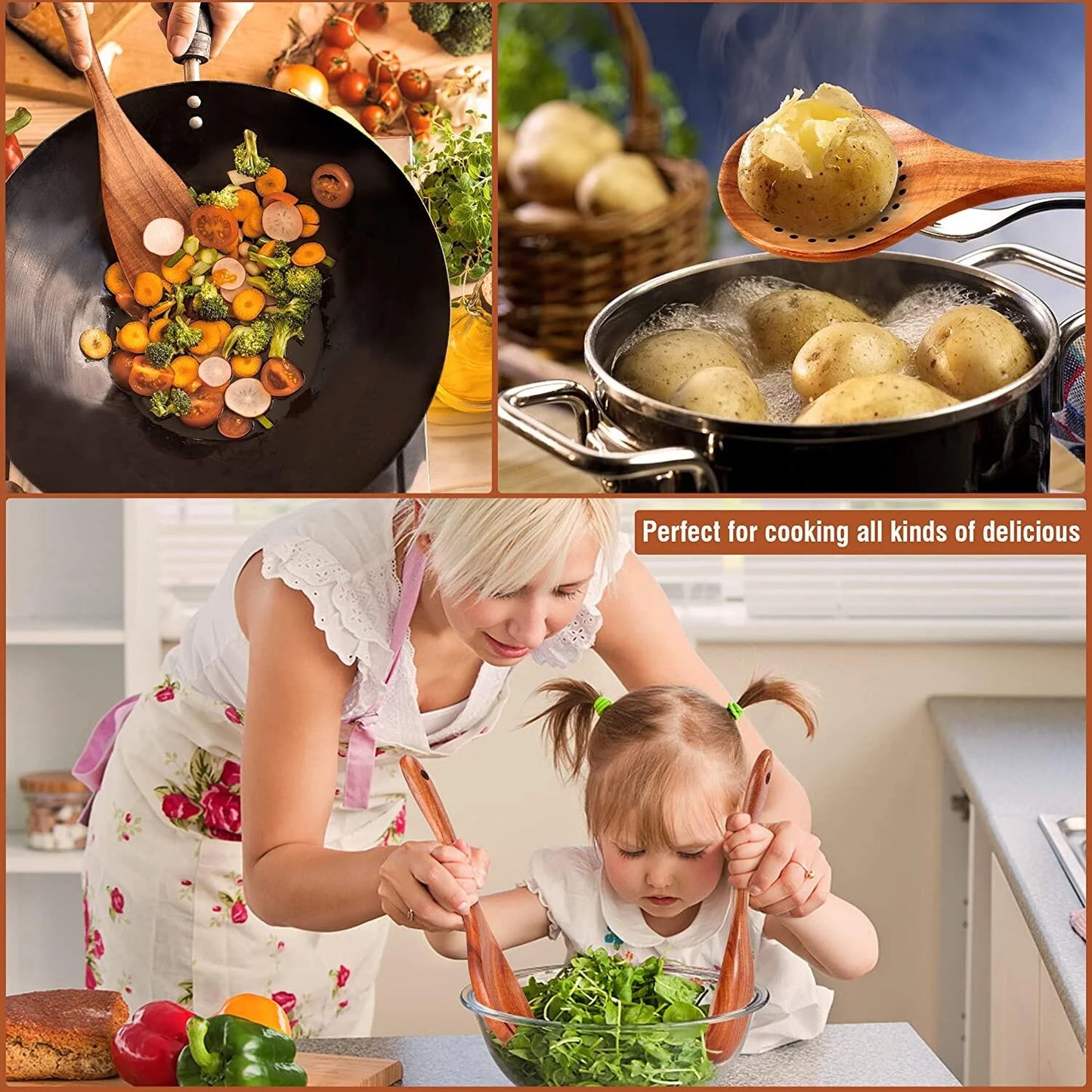 Wooden Spoons for Cooking with Wide Utensil Heads, 9 PCS Teak Wooden Utensils Set