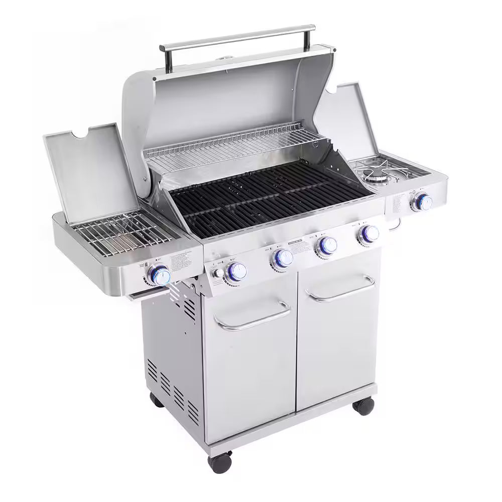 4-Burner Propane Gas Grill in Stainless with LED Controls, Side and Side Sear Burners