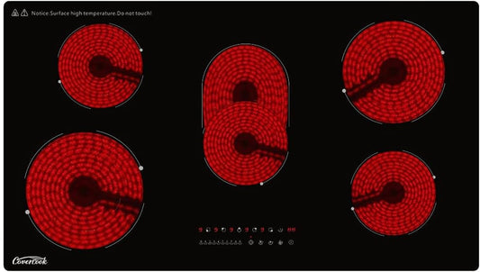 36 Inch Electric Ceramic Cooktop, 5 Burners Radiant Stove Countertop Hardwire Cooker Range Top Black Glass Hot Plate for All Cookwares, No Plug 230V, 8400W