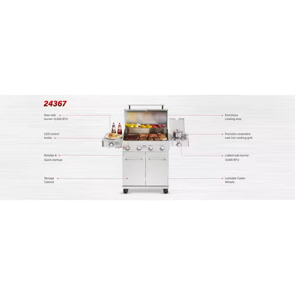 4-Burner Propane Gas Grill in Stainless with LED Controls, Side and Side Sear Burners