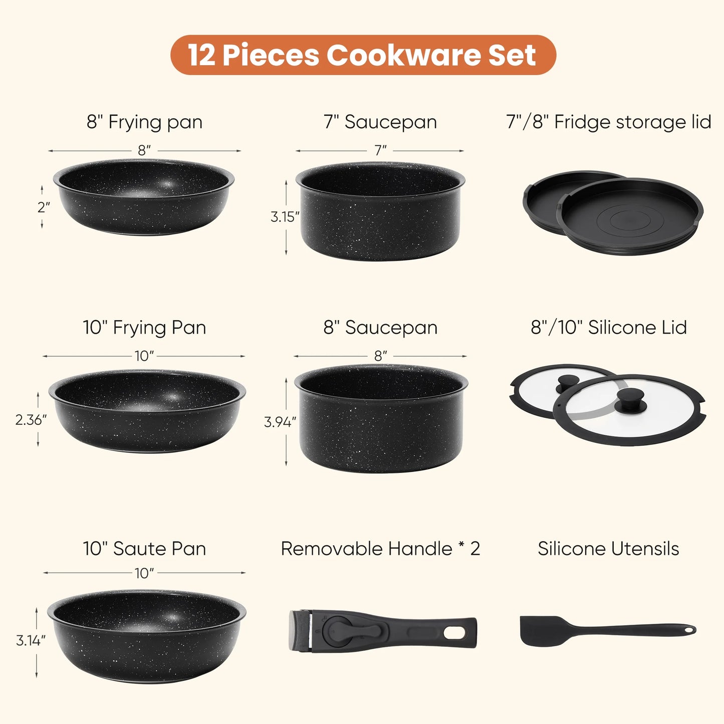 12Pcs Non-Stick Cookware Set, Pots and Pans Set with Detachable Handle for Kitchen, Black