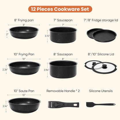 12Pcs Non-Stick Cookware Set, Pots and Pans Set with Detachable Handle for Kitchen, Black