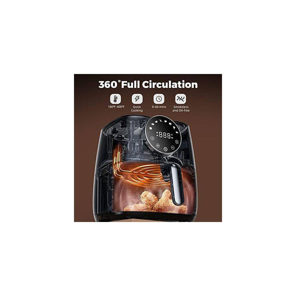 6 Qt. Black Air Fryer with Window, 8-Cooking Functions, Nonstick Basket, Dishwasher Safe, Online Recipes