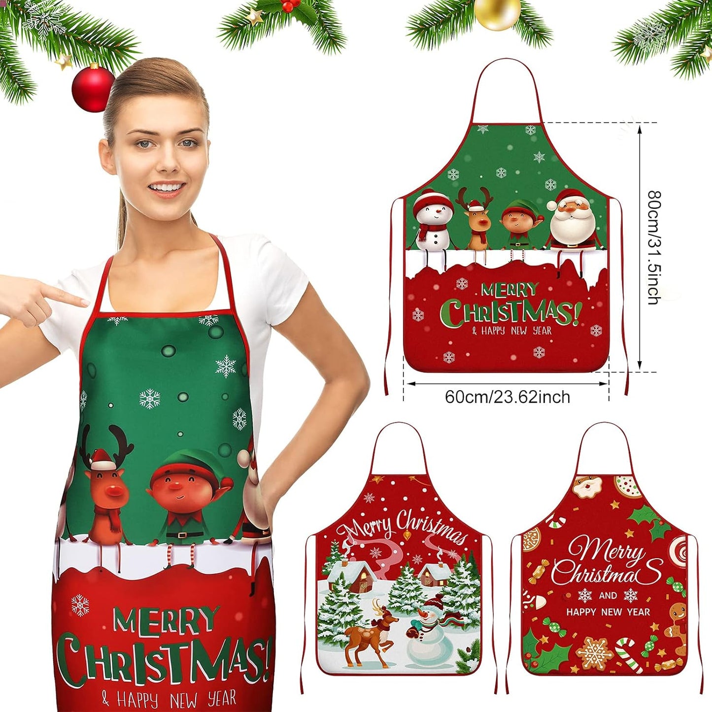 3 Pcs Christmas Apron Xmas Snowman, Elk, Santa Claus, Cane Red and Green Aprons for Women Adjustable Christmas Xmas Kitchen Cooking Baking